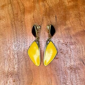 Vintage 80's Geometric Dangle Earrings Yellow Black Gold Tone Statement Jewelry